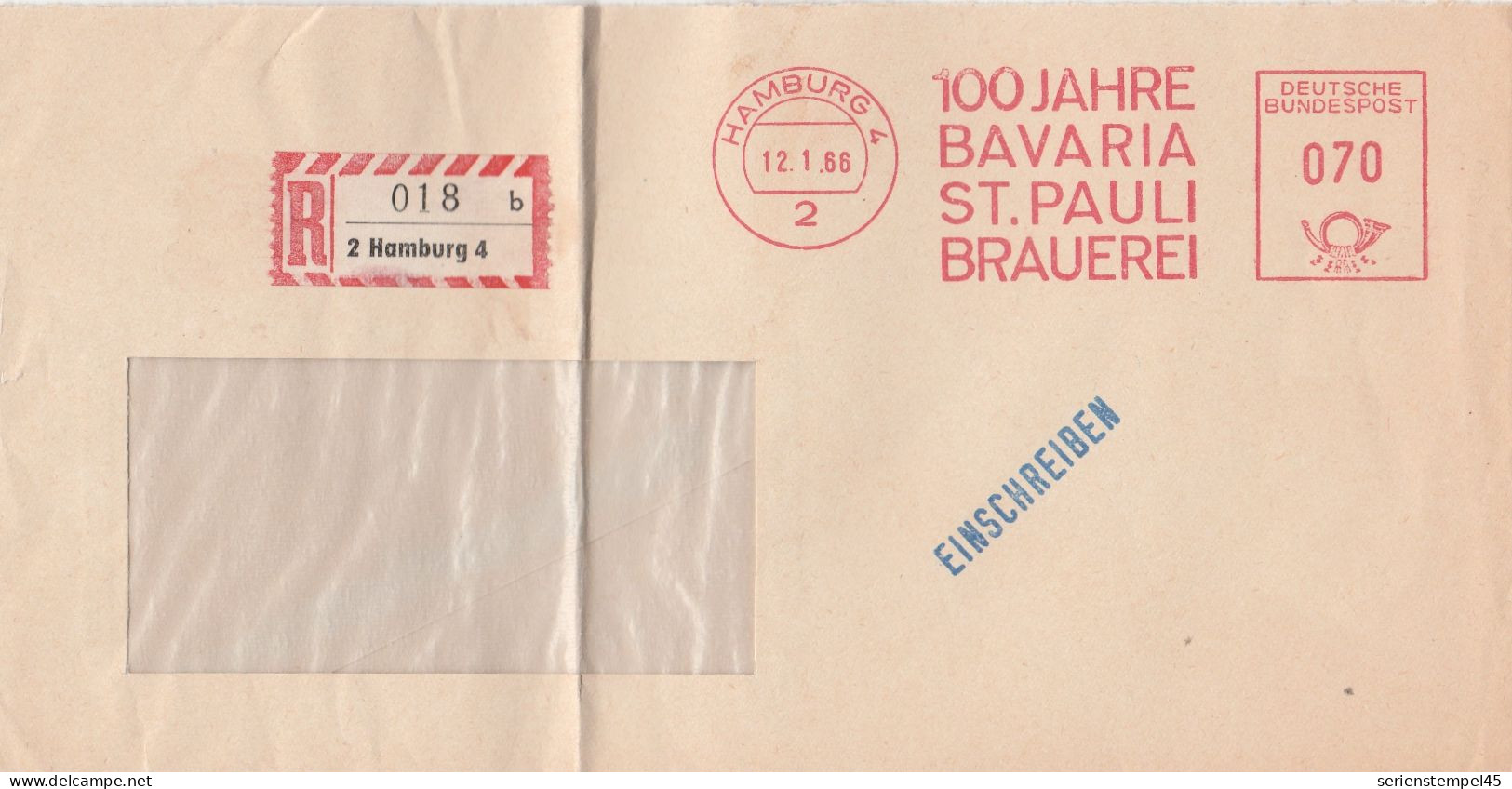 Motive Getränke Biere Brief Mit Freistempel Hamburg 1966 100 Jahre Bavaria St Pauli Bierei Einschreiben - Bières