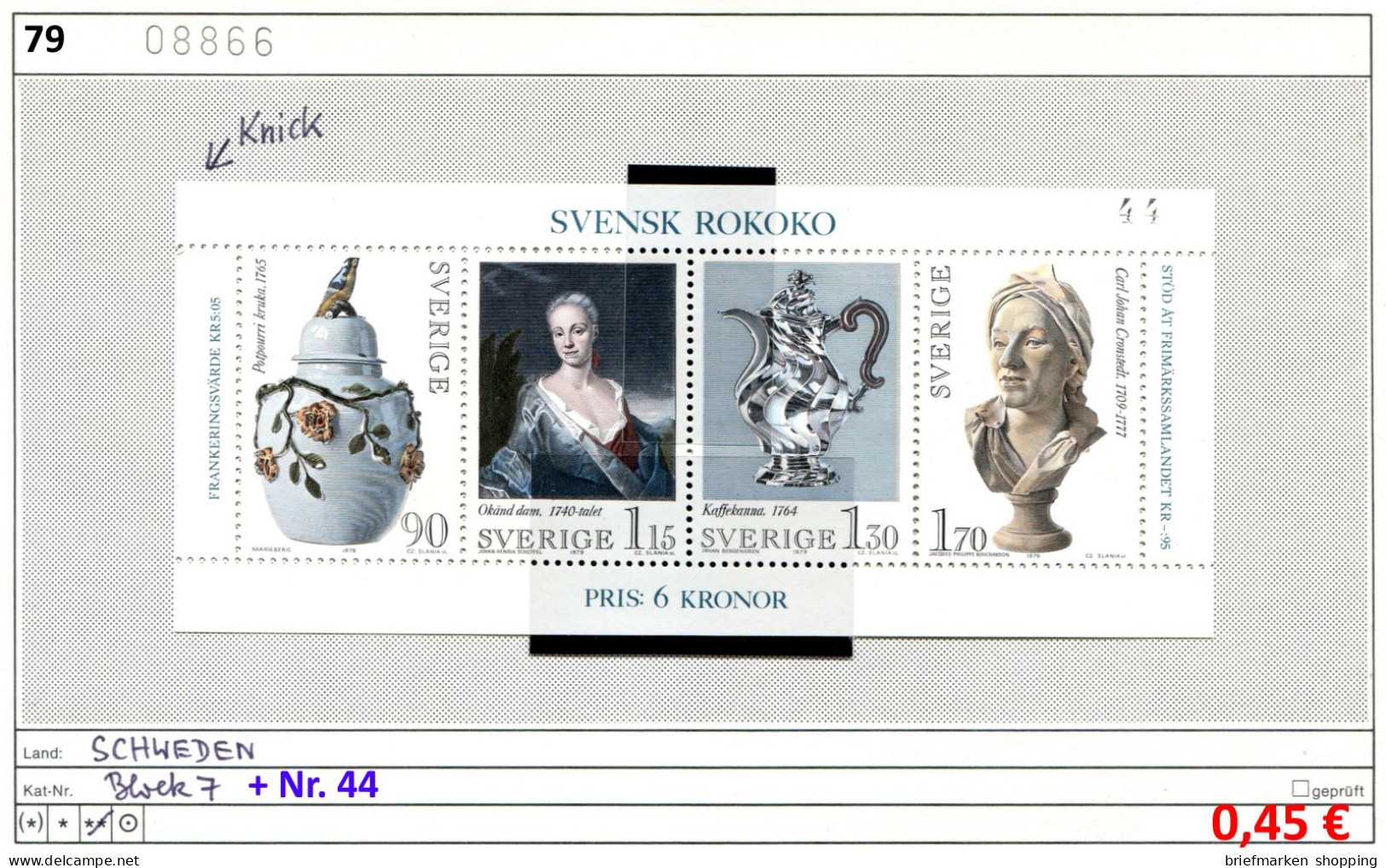 Schweden 1979 - Sweden 1979 - Suède 1979, Michel Block 7 + N° 44 ** Mnh Neuf Postfris (Ecke Mit Knick) - Blocks & Sheetlets