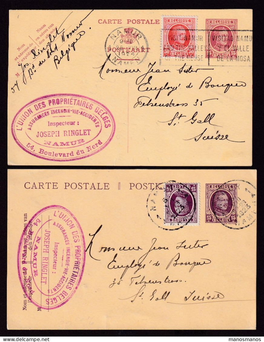 DDFF 010 --   2 X Entier Postal Houyoux NAMUR 1923/24 - Cachet Ringlet, Inspecteur De L' Union Des Propriétaires Belges - Postkarten 1909-1934