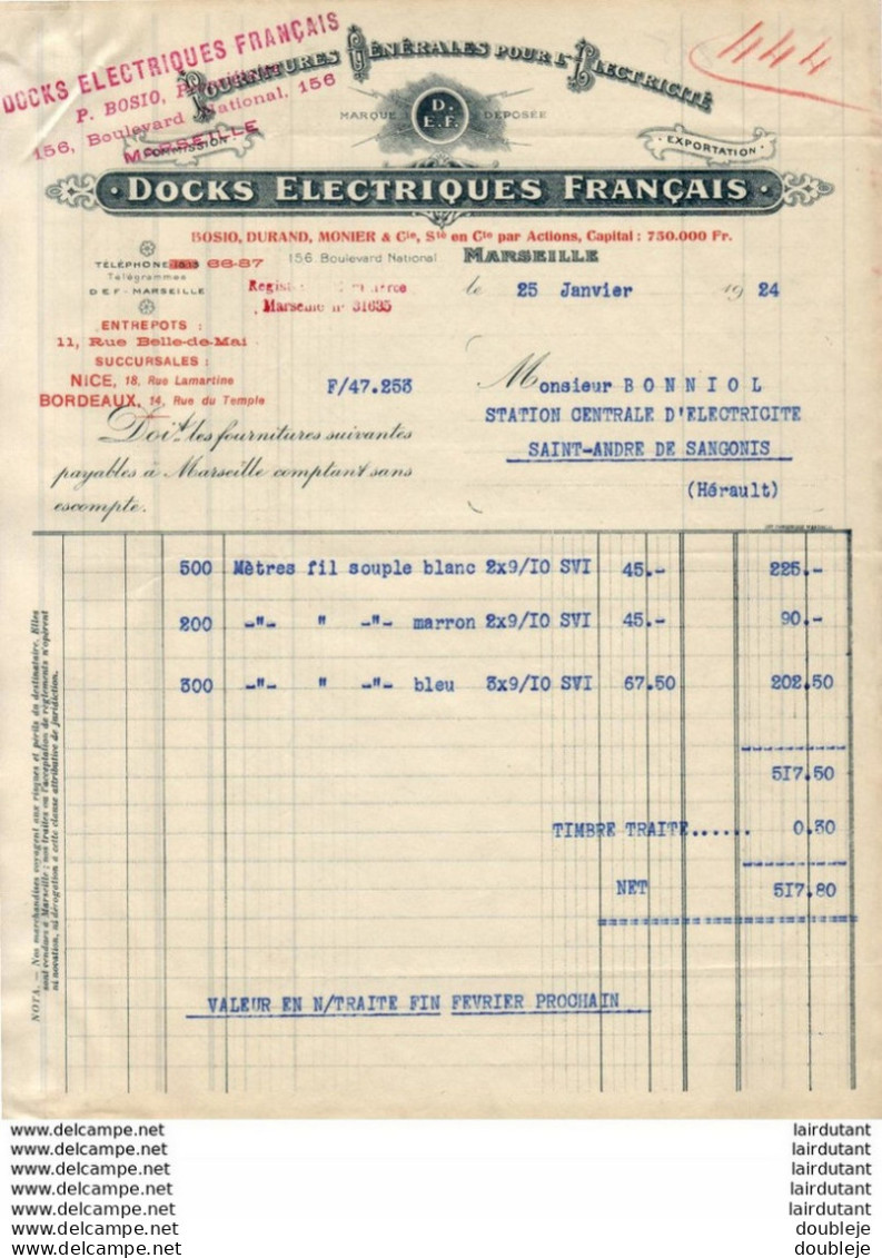 DOCKS ELECTRIQUES FRANÇAIS A MARSEILLE BOULEVARD NATIONAL    .......... FACTURE DE 1924 - Elettricità & Gas