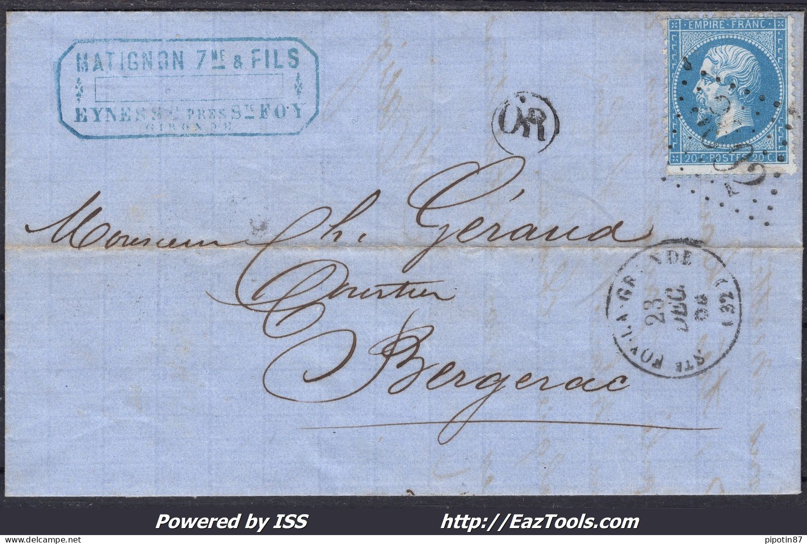 FRANCE N°22 SUR LETTRE GC 3602 STE FOY LA GRANDE GIRONDE + CAD DU 23/12/1864 + OR - 1862 Napoleone III