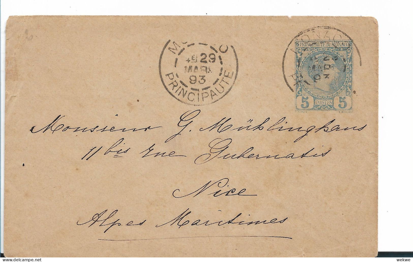 MONACO 042 / Michel Nr. U 1, 1893 Ex Monaco  Nach Nice - Briefe U. Dokumente