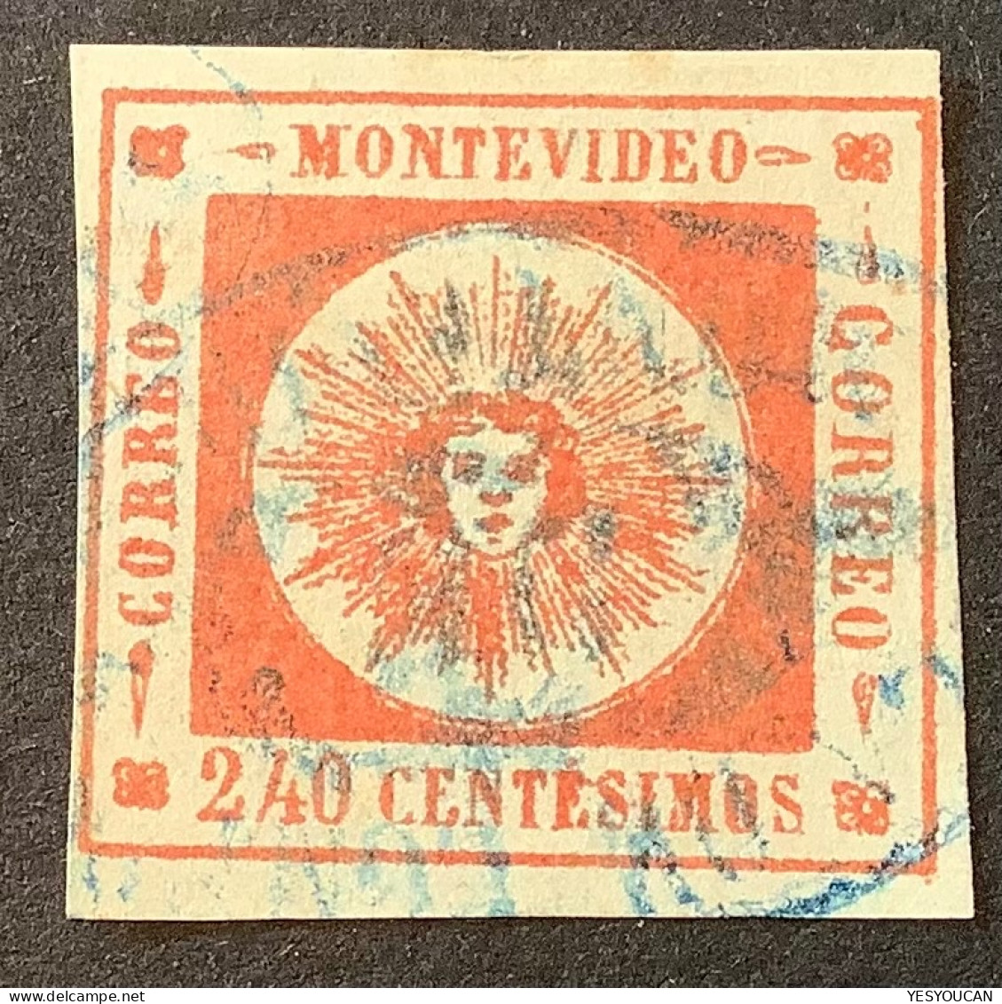 Uruguay 1859 VERY RARE POSTMARK “SALA DE COMERCIO MONTEVIDEO” On 240c Sun Issue  Signed Soto Hermanos  (YT 12 - Uruguay