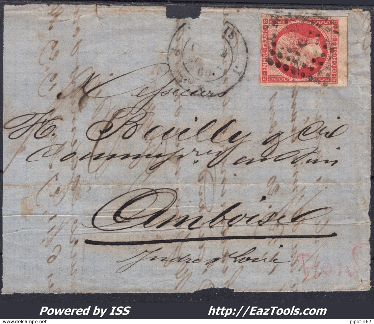 FRANCE N°17B SUR FRAGMENT AVEC BUREAU J DE PARIS + CACHET A DATE DE 1860 - 1853-1860 Napoleone III