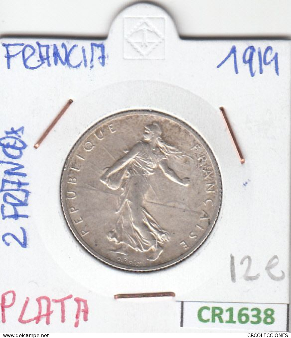 CR1638 MONEDA FRANCIA 2 FRANCOS 1919 PLATA  MBC - Otros & Sin Clasificación