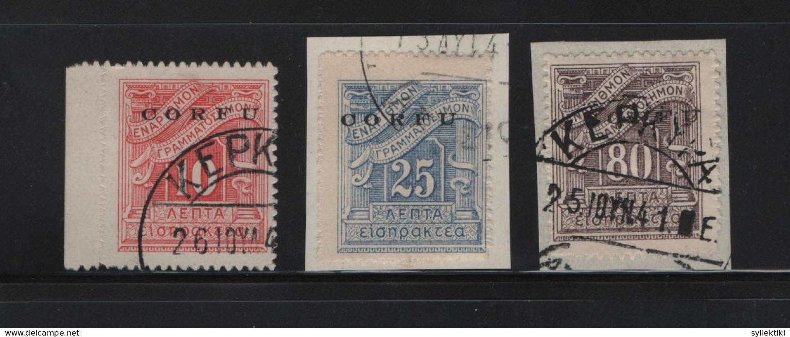 GREECE 1941 IONIAN ISLANDS OVERPRINTED CORFU ON 3 POSTAGE DUE USED STAMPS      HELLAS No 35 - 37 AND VALUE EURO 620.00 - Iles Ioniques