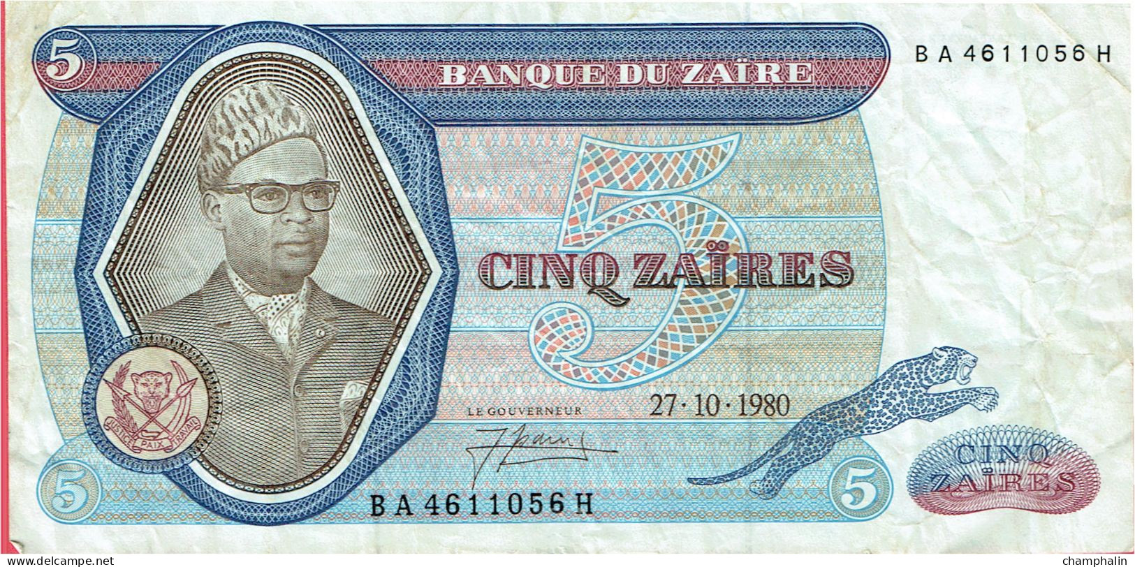 Zaïre - Billet De 5 Zaïres - 27 Octobre 1980 - Mobutu - P22b - Zaïre