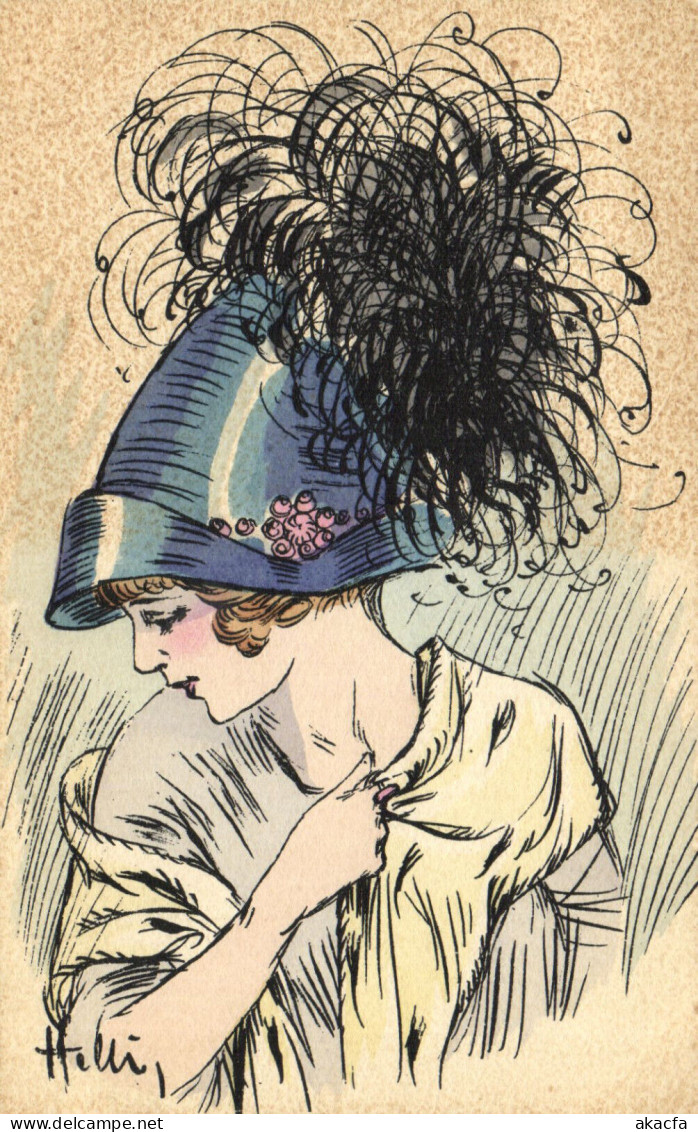 PC ARTIST SIGNED, HELLI, GLAMOUR LADY, BIG HAT, Vintage Postcard (b50237) - Helli