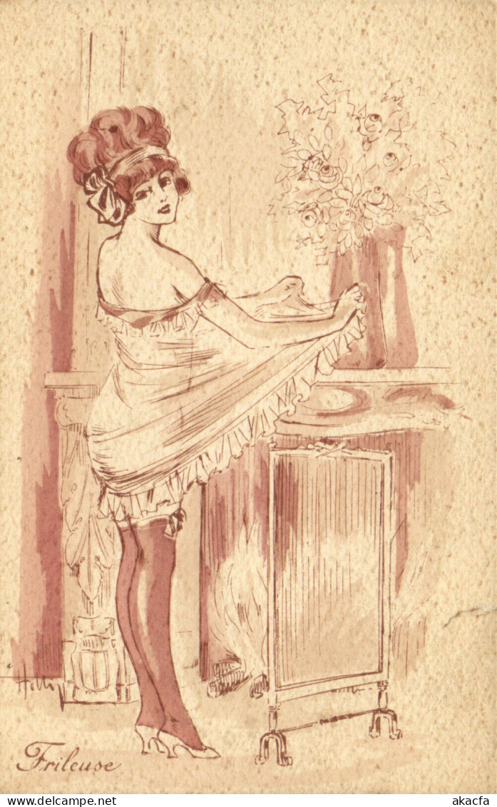 PC ARTIST SIGNED, HELLI, GLAMOUR LADY, FRILEUSE, Vintage Postcard (b50238) - Helli