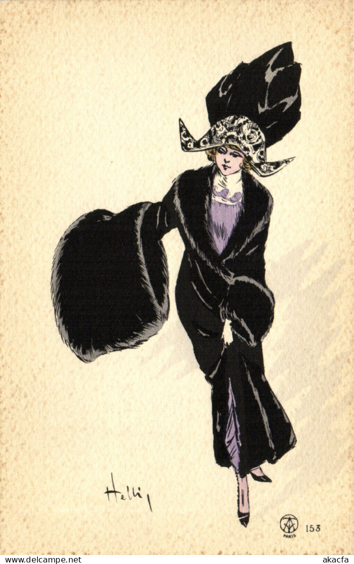 PC ARTIST SIGNED, HELLI, GLAMOUR LADY, BIG HAT, Vintage Postcard (b50240) - Helli