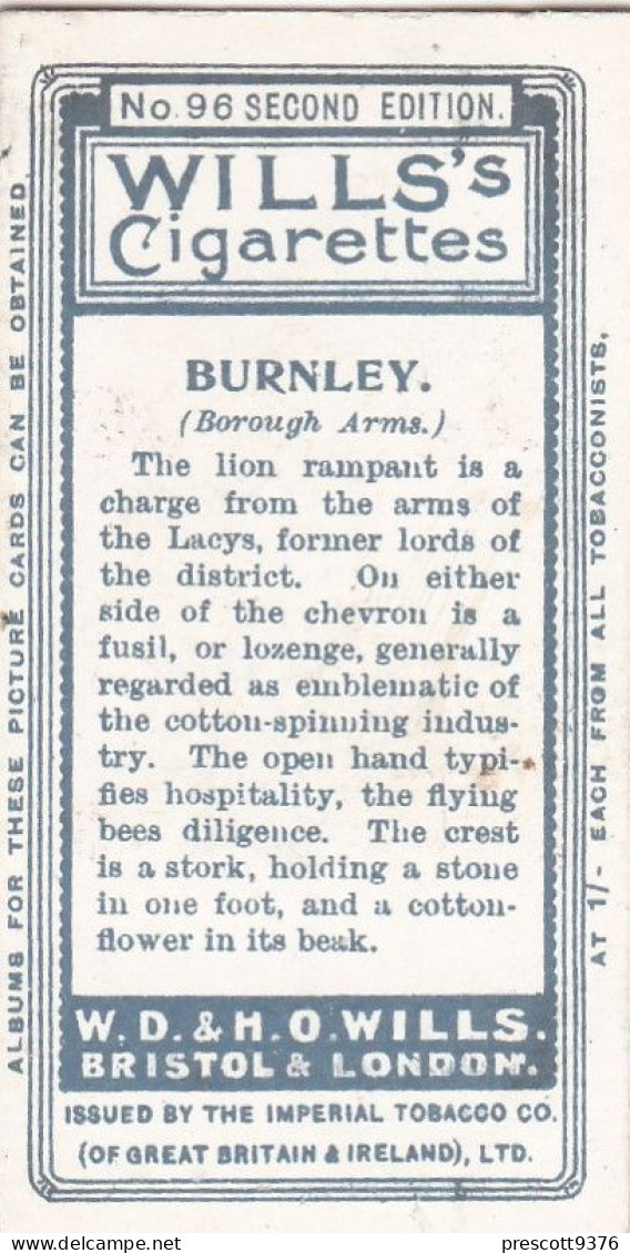 96 Burnley  - Borough Arms 1906 - Wills Cigarette Card - Original  - Antique - Wills