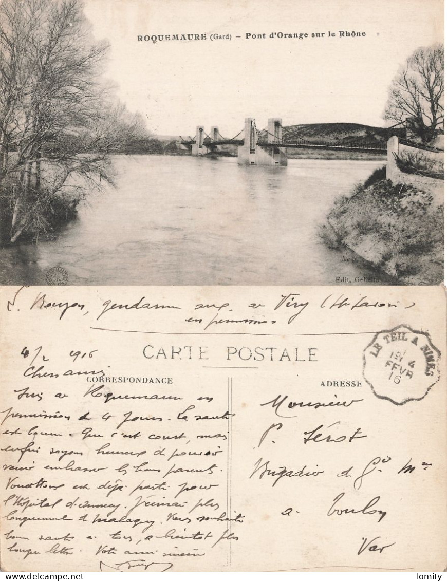 30 Roquemaure Pont D' Orange Sur Le Rhone CPA Cachet Convoyeur Le Teil à Nimes 1916 - Roquemaure