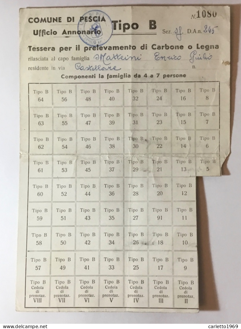 COMUNE DI PESCIA - UFFICIO ANNONARIO TESSERA PRELEVAMENTO CARBONE - Historische Dokumente