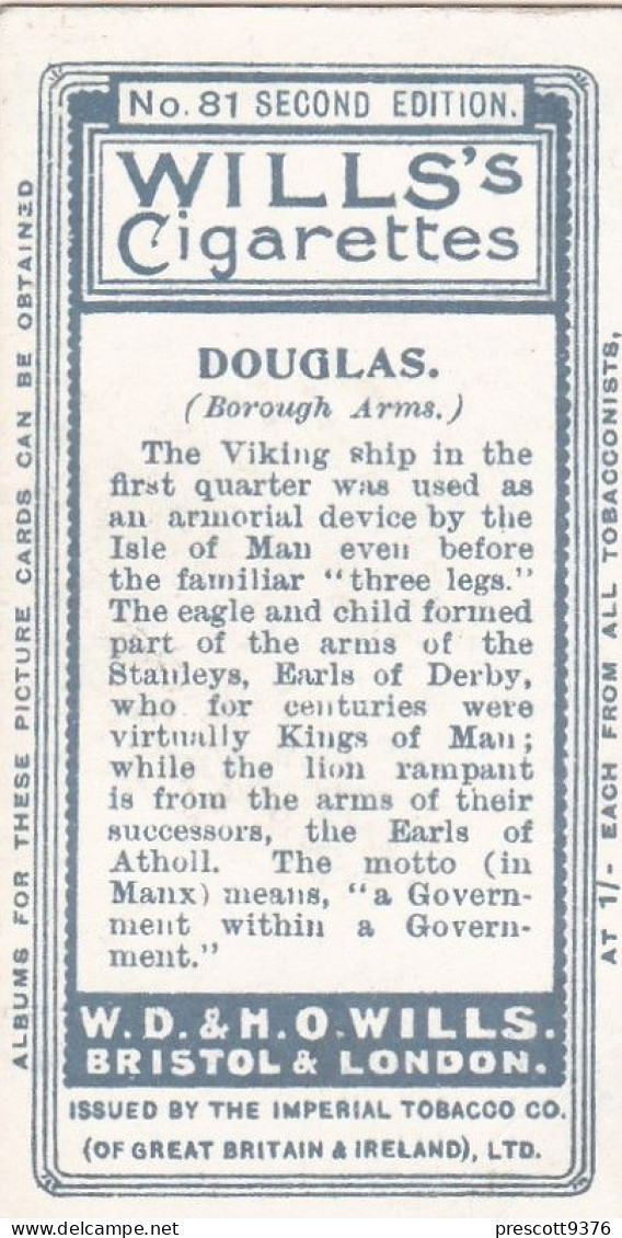 81 Douglas Isle Of Man - Borough Arms 1906 - Wills Cigarette Card - Original  - Antique - Wills