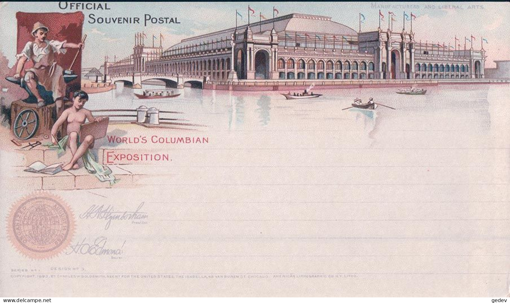 USA, Official Souvenir Entier Postal 1 Cent, World's Columbian Exposition, Litho (3809) Format 90 X152 - ...-1900
