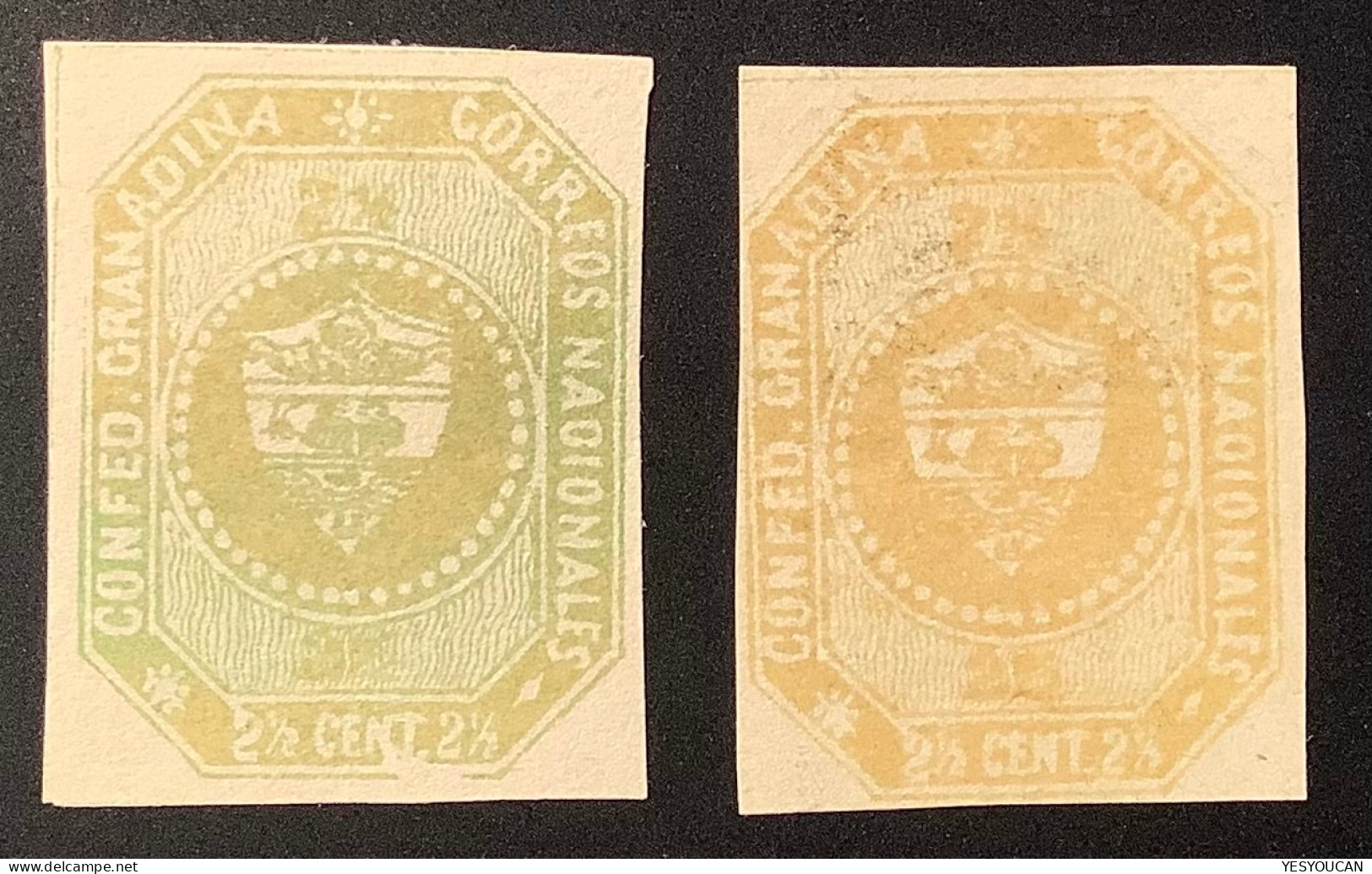 Colombia 1859 Sc.1b+1d RARE PLATE FLAW Grenadine Confederation 2 1/2c Olive Green & Ochre Mint (Confédération Grenadine - Colombie