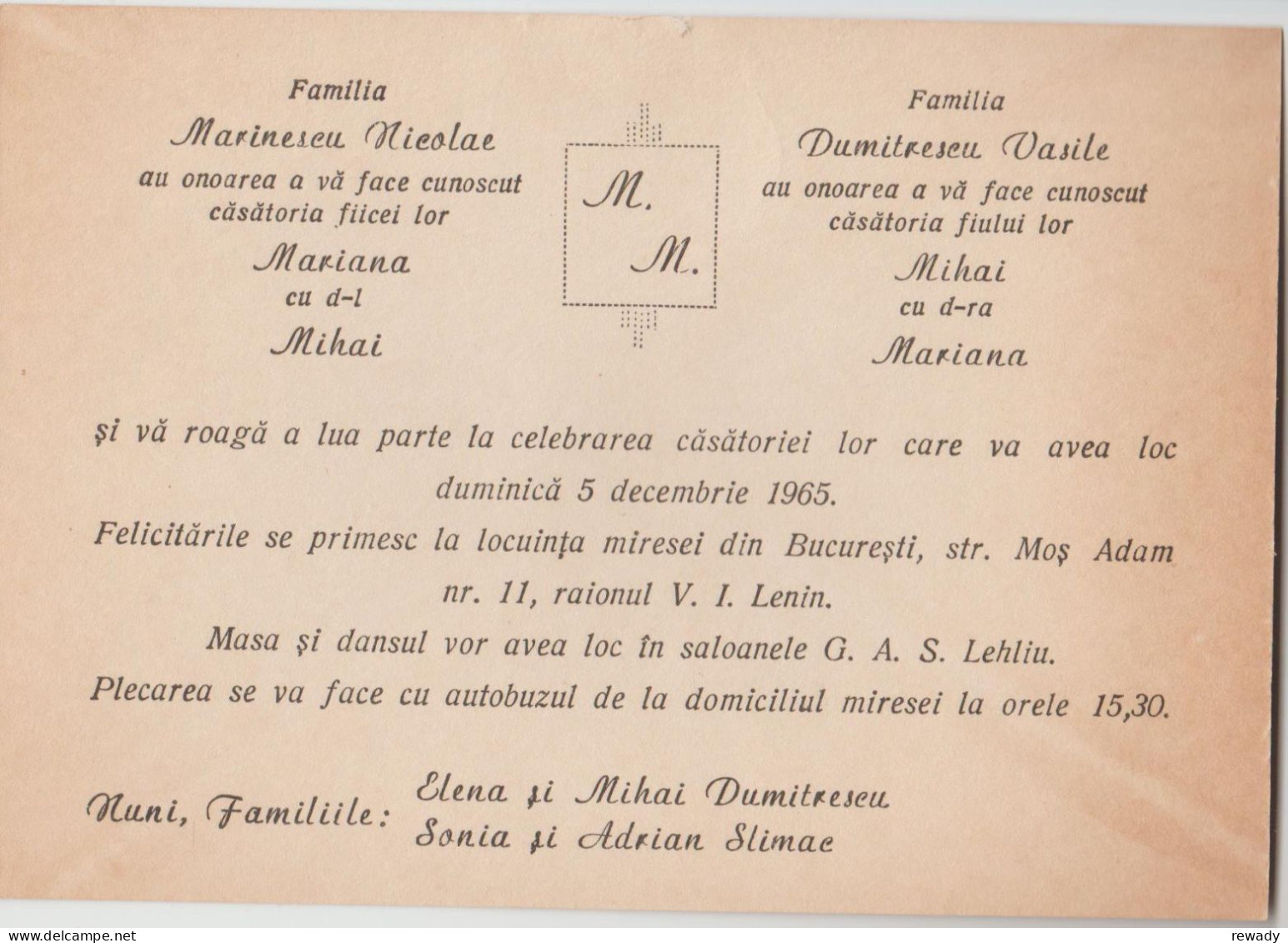 Romania - Bucuresti - Invitatie Nunta - Faire-part Mariage (1965) - Mariage