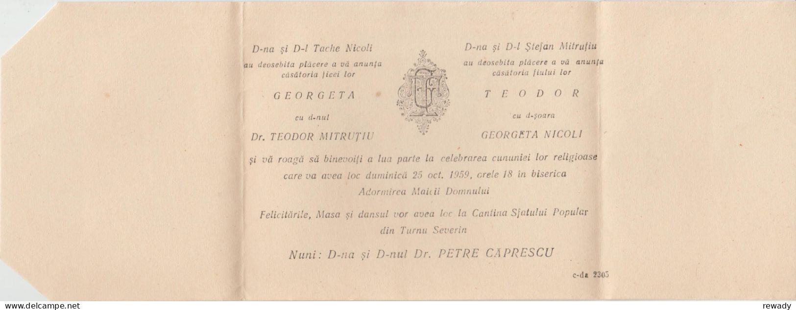 Romania - Dobreta Turnu Severin - Invitatie Nunta - Faire-part Mariage (1959) - Mariage