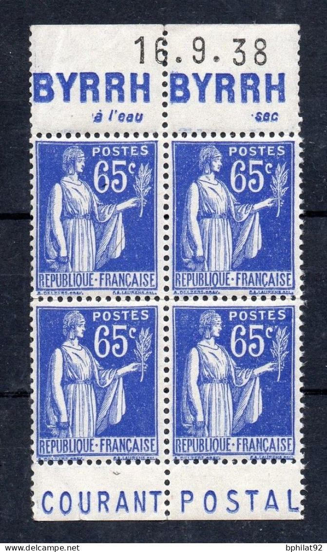 !!! PRIX FIXE : BLOC DE 4 DU 65C PAIX AVEC BANDES PUBS BYRRH - POSTE COIN DATE NEUF ** - Unused Stamps