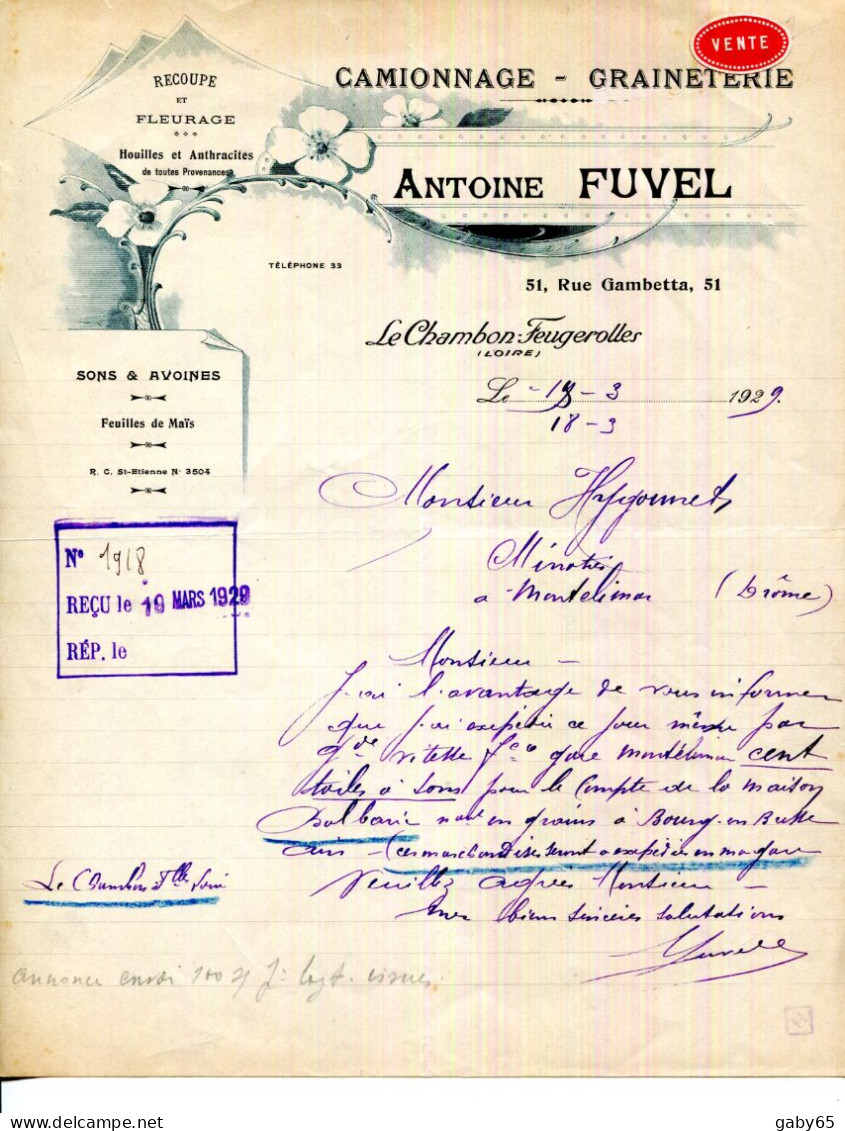 FACTURE.42.LE CHAMBON FEUGEROLLES.CAMIONAGE.GRAINETERIE.ANTOINE FUVEL 51 RUE GAMBETTA. - Transport