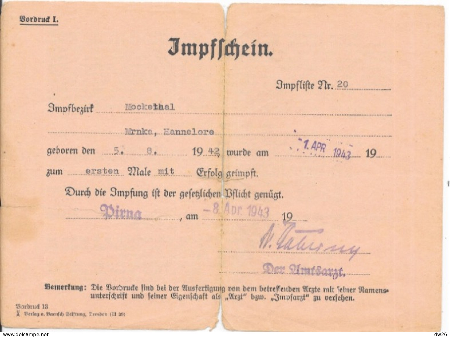 Vieux Papier, Allemagne - Impfbeschein 8 April 1943 Pirna (Certificat De Vaccination Mockethal Mrnka Hannelore) - Zonder Classificatie