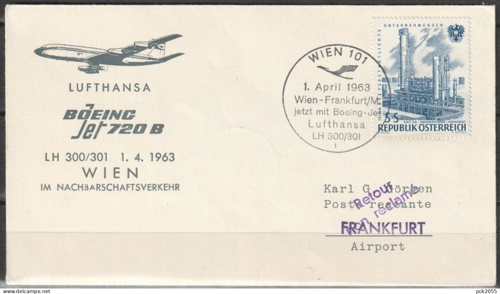 BRD Flugpost /Erstflug Boeing 720B  LH 300/301 Wien - Frankfurt  1.4.1963 Ankunftstempel 1.4.63 (FP 245) - Premiers Vols