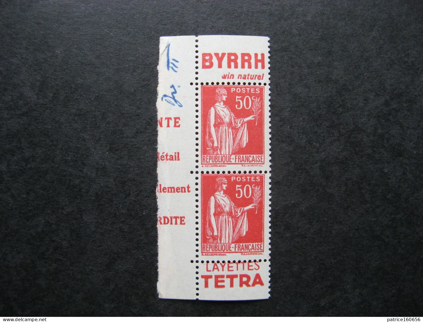 A). TB Paire Verticale De Carnet Du N° 283f, Neuve XX. Avec PUB Sup. " BYRRH " + PUB Inférieure " TETRA ". - Unused Stamps