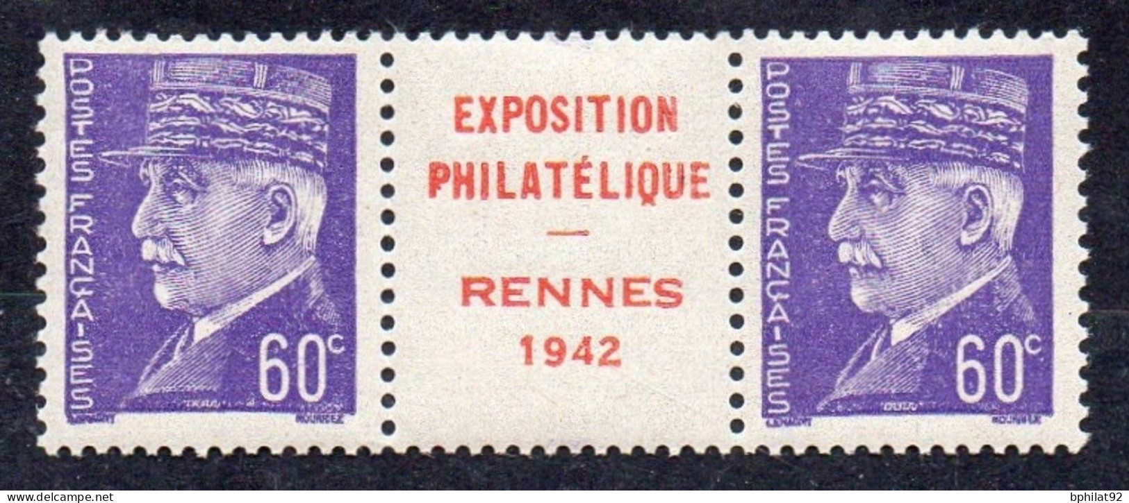 !!! PRIX FIXE : PAIRE DU 60C PETAIN AVEC INTERPANNEAU PUBLICITAIRE EXPOSITION PHILATELIQUE DE RENNES 1942 ** - Unused Stamps