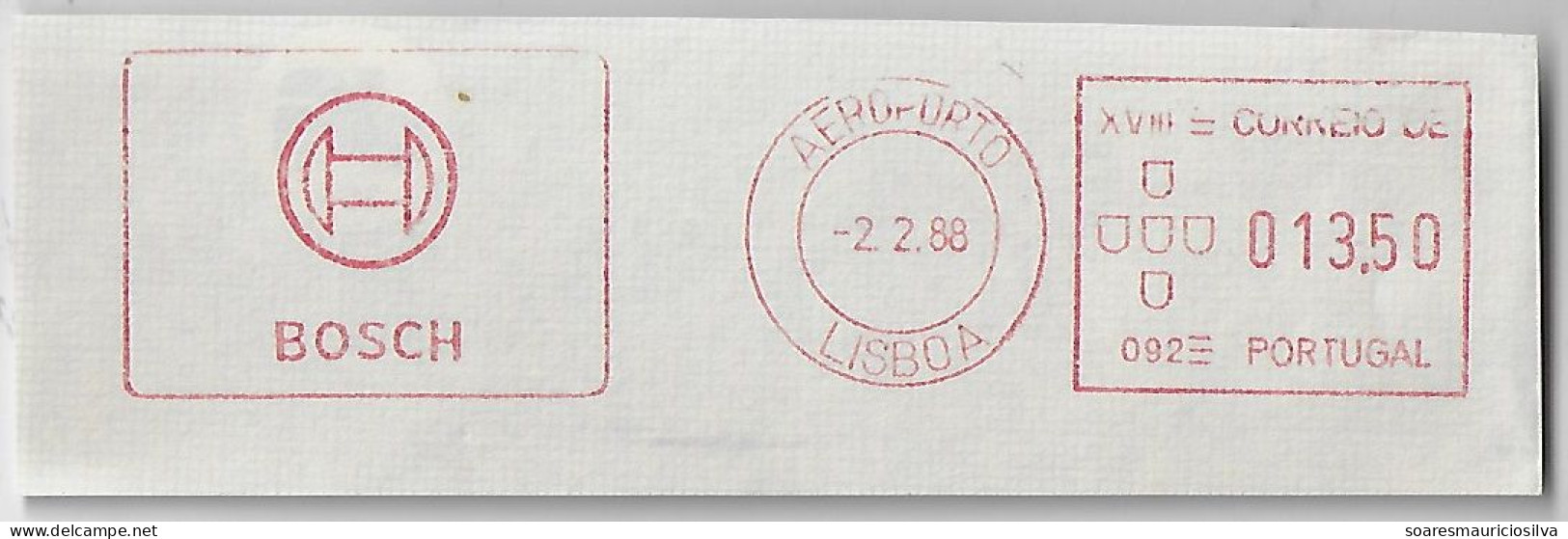 Portugal 1988 Cover Fragment Meter Stamp Hasler Mailmaster Slogan Logo Bosch From Lisboa Airport Agency Germany Company - Covers & Documents