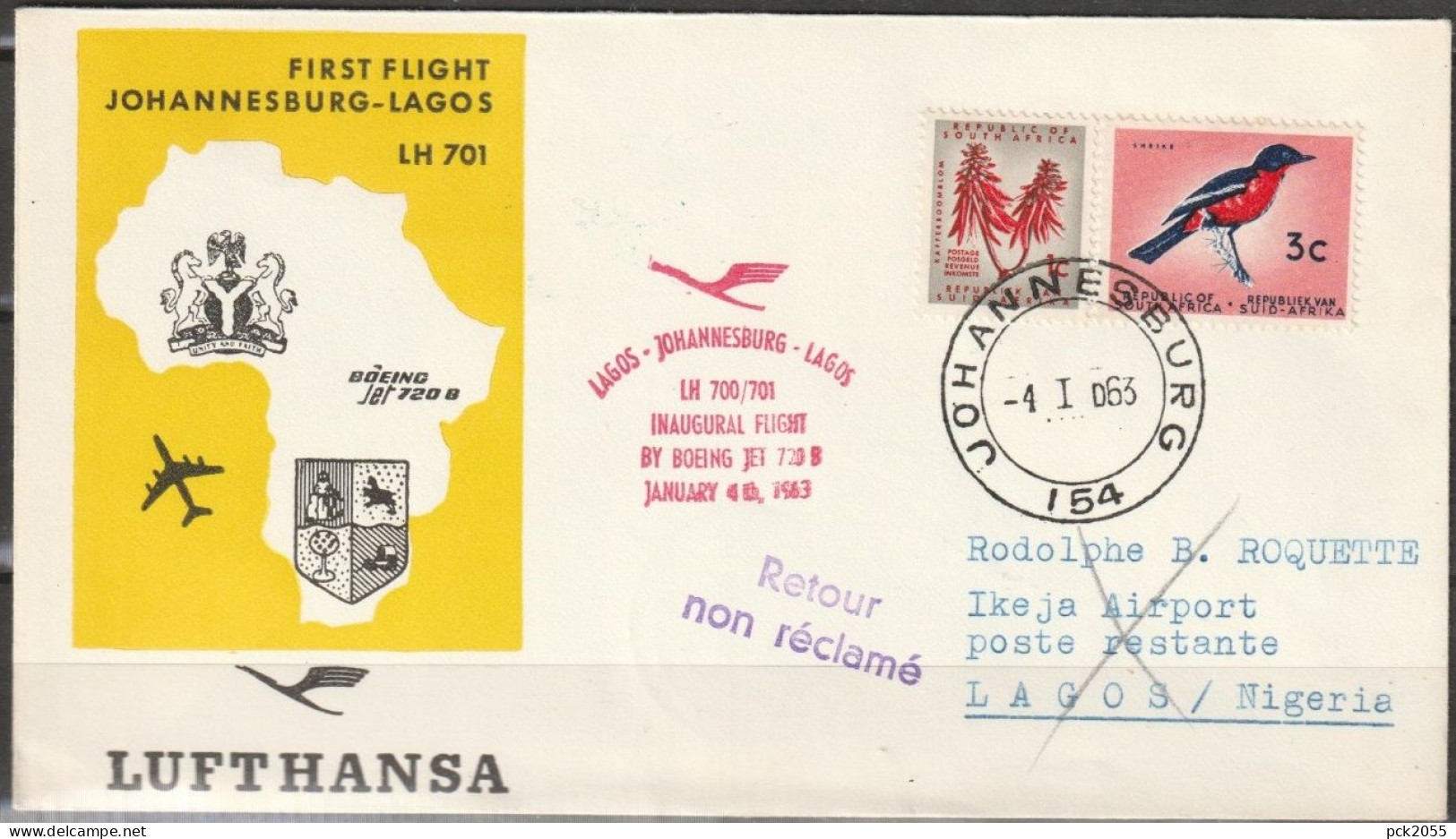 BRD Flugpost /Erstflug Boeing 720B  LH 701 Johannesburg - Lagos  4.1.1963 Ankunftstempel 5.1.63 (FP 246 ) - Eerste Vluchten