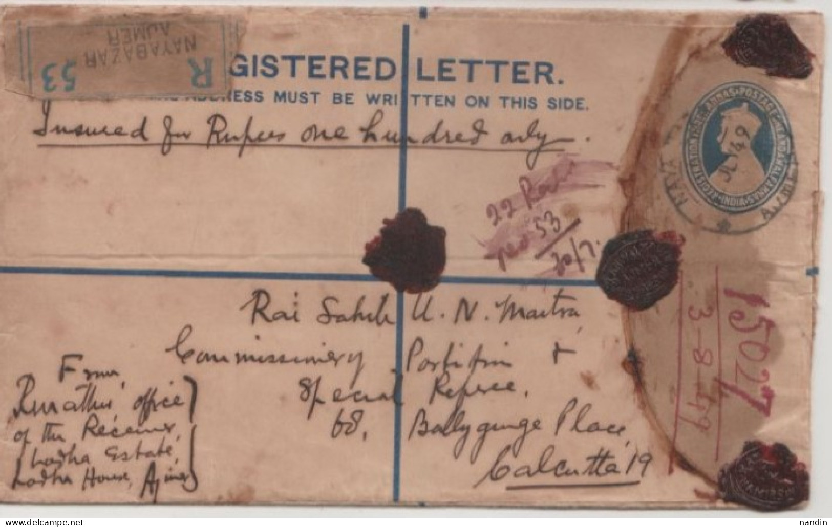 1949 REGD LETTER FROM NAYABAZAR ,AJMER To CALCUTTA(BRITISH INDIA  STATIONERY  USED IN INDEPENDENT PERIOD) - Otros & Sin Clasificación