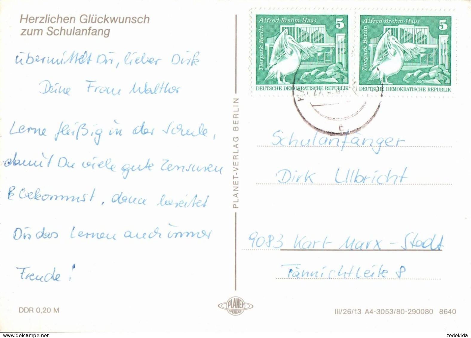 G6324 - Glückwunschkarte Schulanfang - Zuckertüte - Verlag Planet DDR - Einschulung