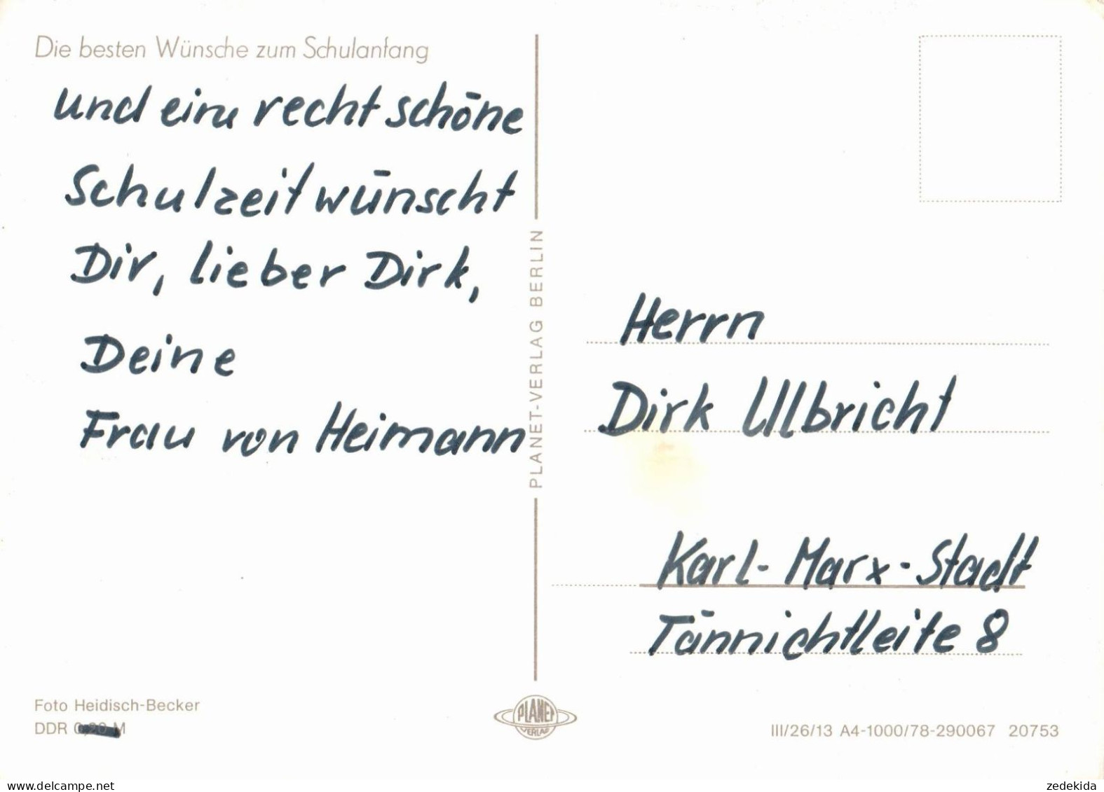 G6327 - Glückwunschkarte Schulanfang - Zuckertüte - Verlag Planet DDR - Primero Día De Escuela