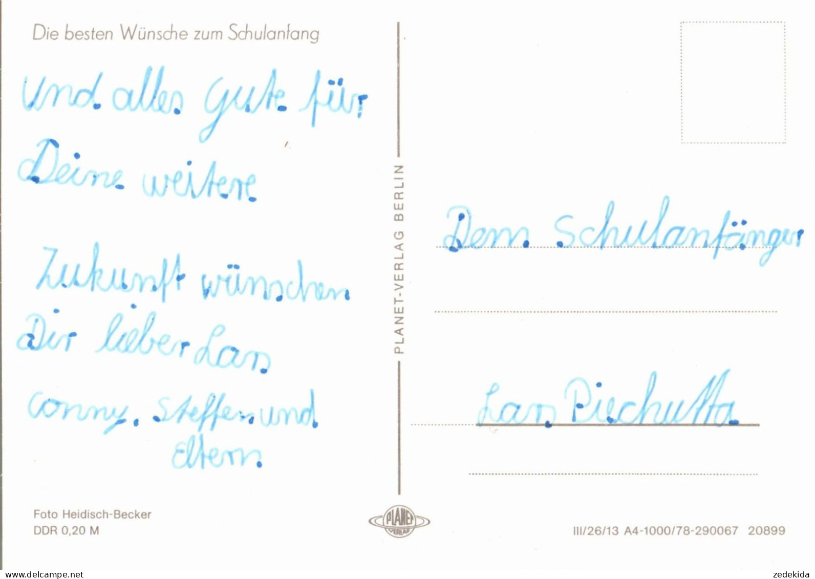 G6334 - TOP Glückwunschkarte Schulanfang - Zuckertüte Schulranzen Federkästchen Varia - Verlag Planet DDR - Einschulung