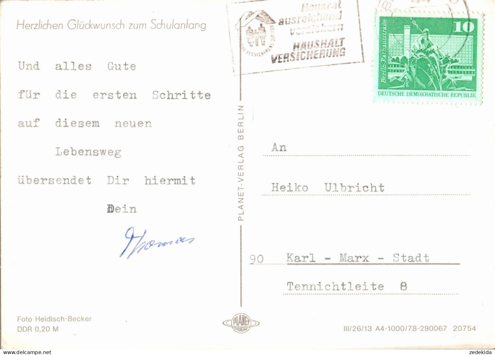 G6335 - Glückwunschkarte Schulanfang - Zuckertüte Schulranzen - Verlag Planet DDR - Einschulung