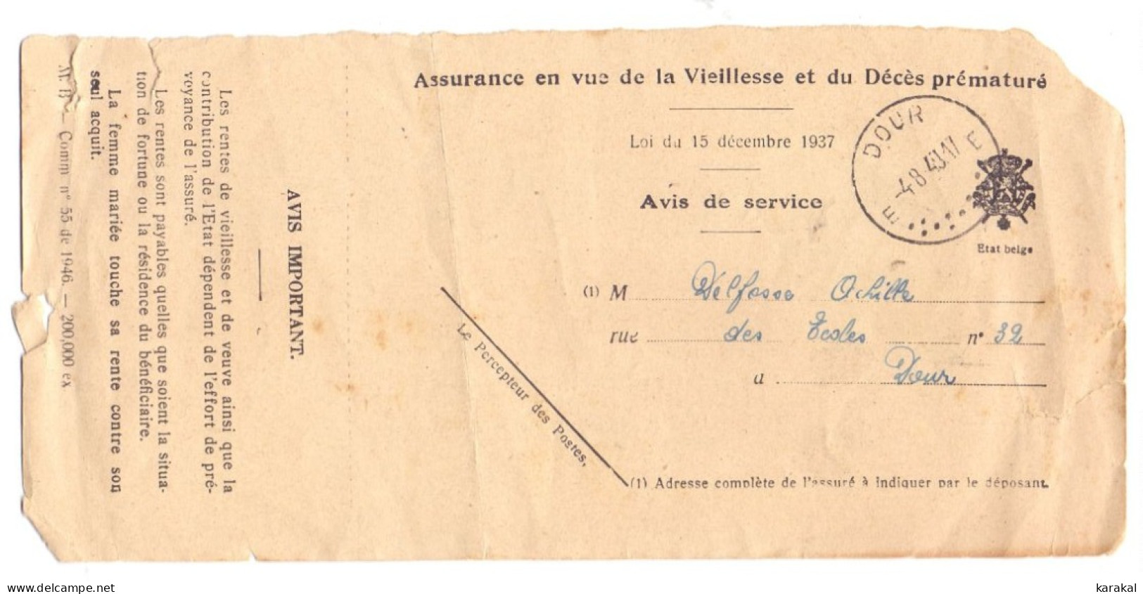 Belgique Etat Belge Franchise De Port Assurance Vieillesse Et Décès Prématuré Ateliers Patte Dour 1949 - Portofreiheit