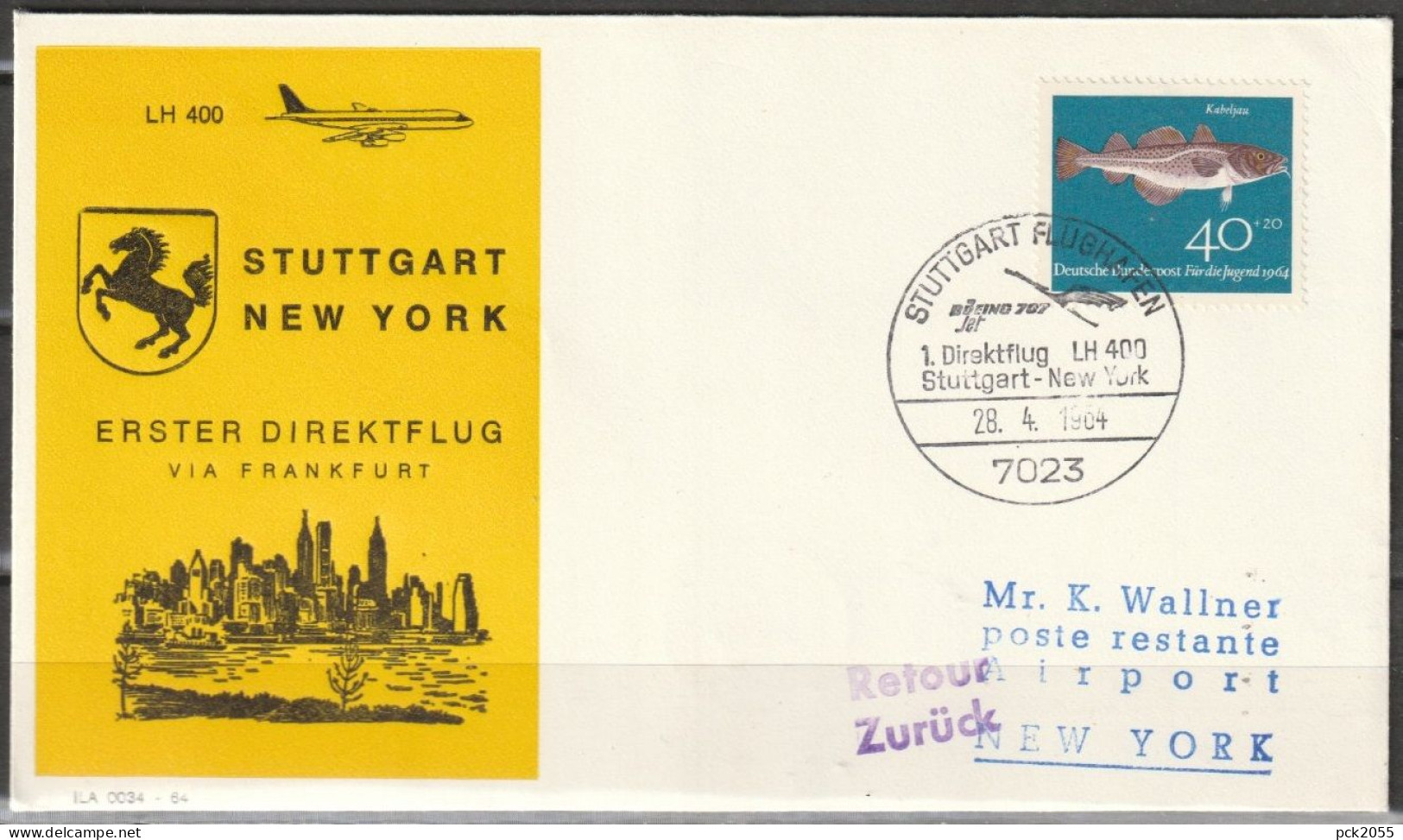 BRD Flugpost /Erstflug Boeing 707  LH 400 Stuttgart - New York  28.4.1964 Ankunftstempel 28.4.64 (FP 248 ) - Primeros Vuelos