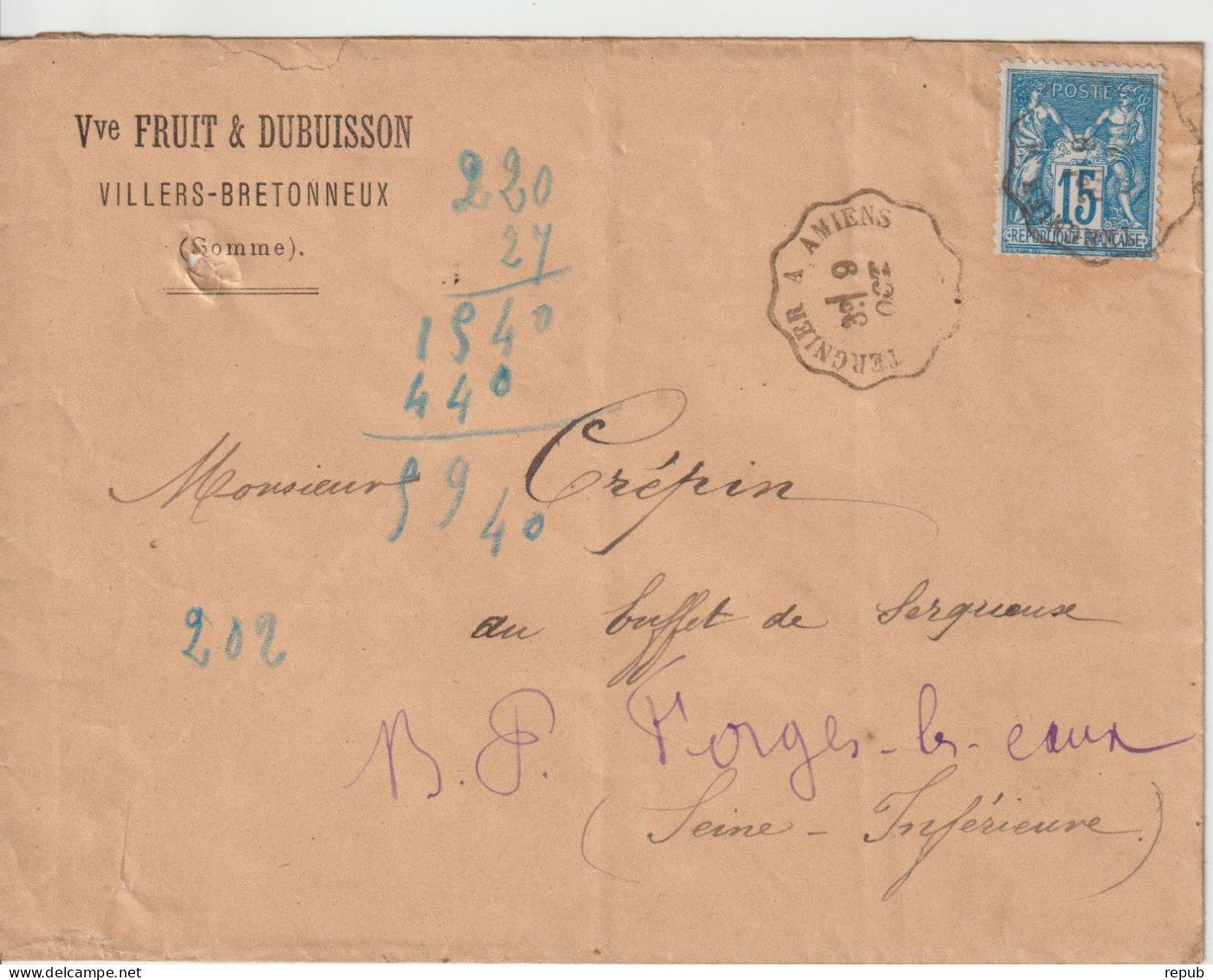 France Oblit Convoyeur Tergnier à Amiens 1881 - 1877-1920: Semi-moderne Periode