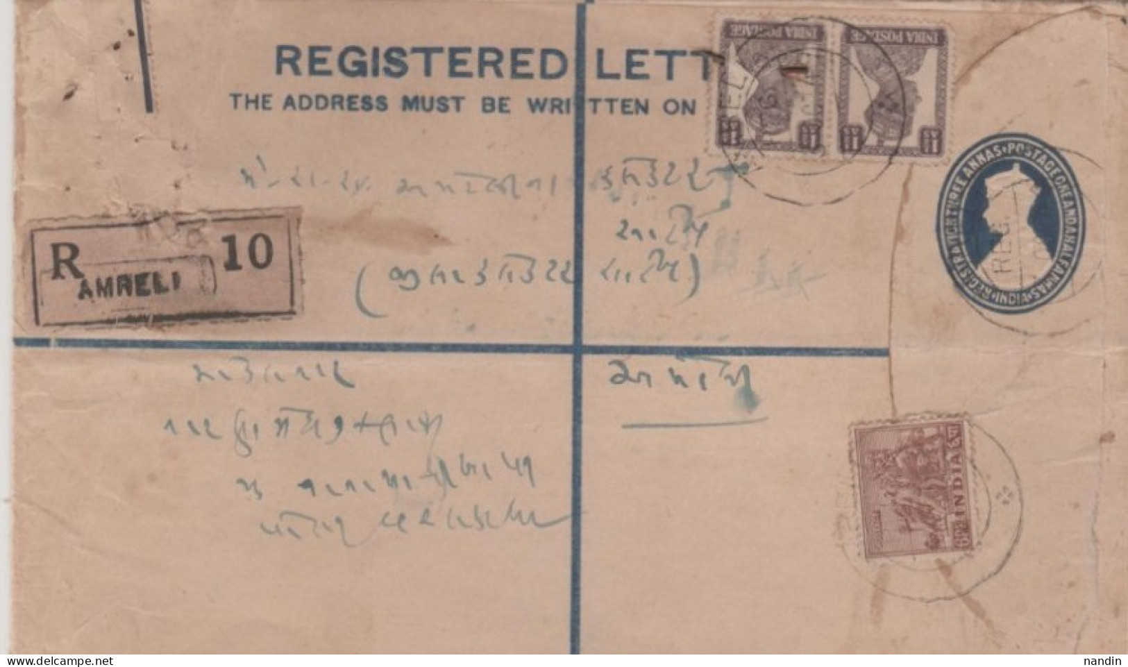 1949 REGD LETTER From AMREL(IBRITISH INDIA  POSTAL STATIONERY USED IN INDEPENDENT INDIA - Otros & Sin Clasificación