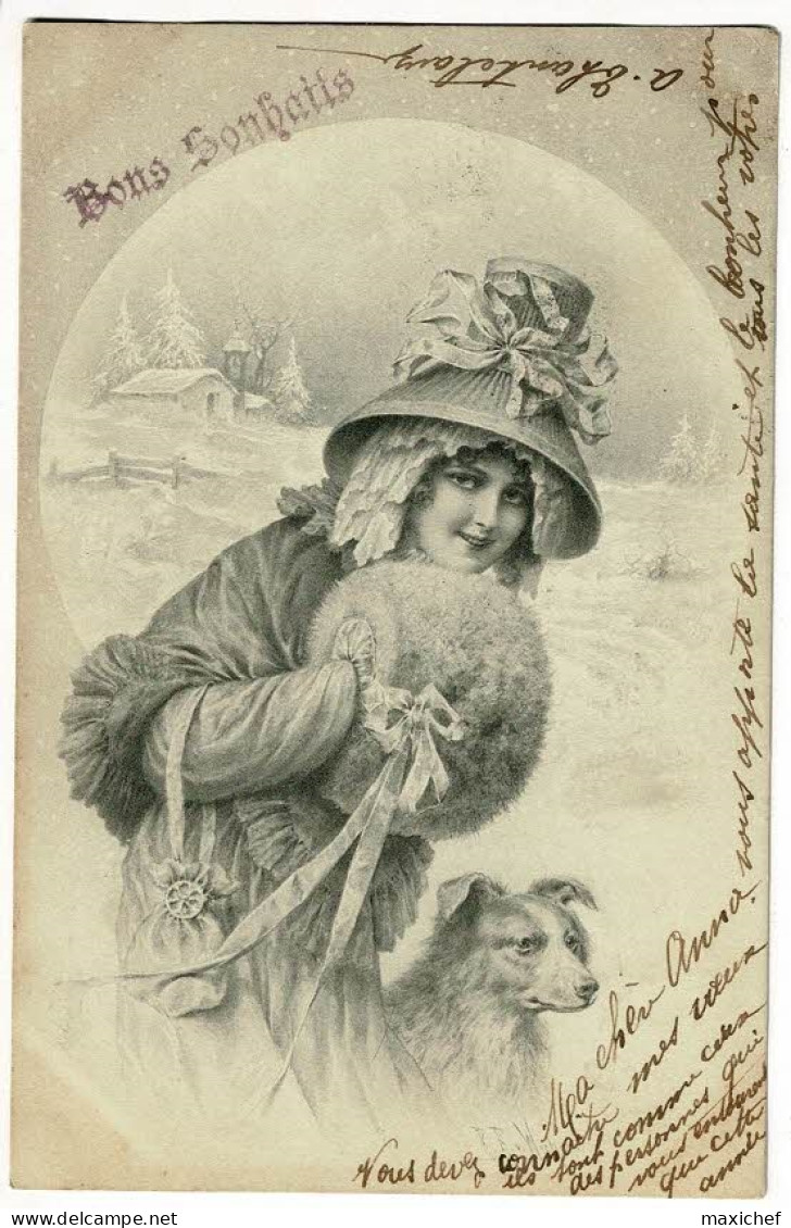 Carte Illustrée R. R. Wichera "Bons Souhaits" Belle Femme Dehors Par Un Grand Froid, Manchon Fourré, Chien - Circ 1903 - Wichera