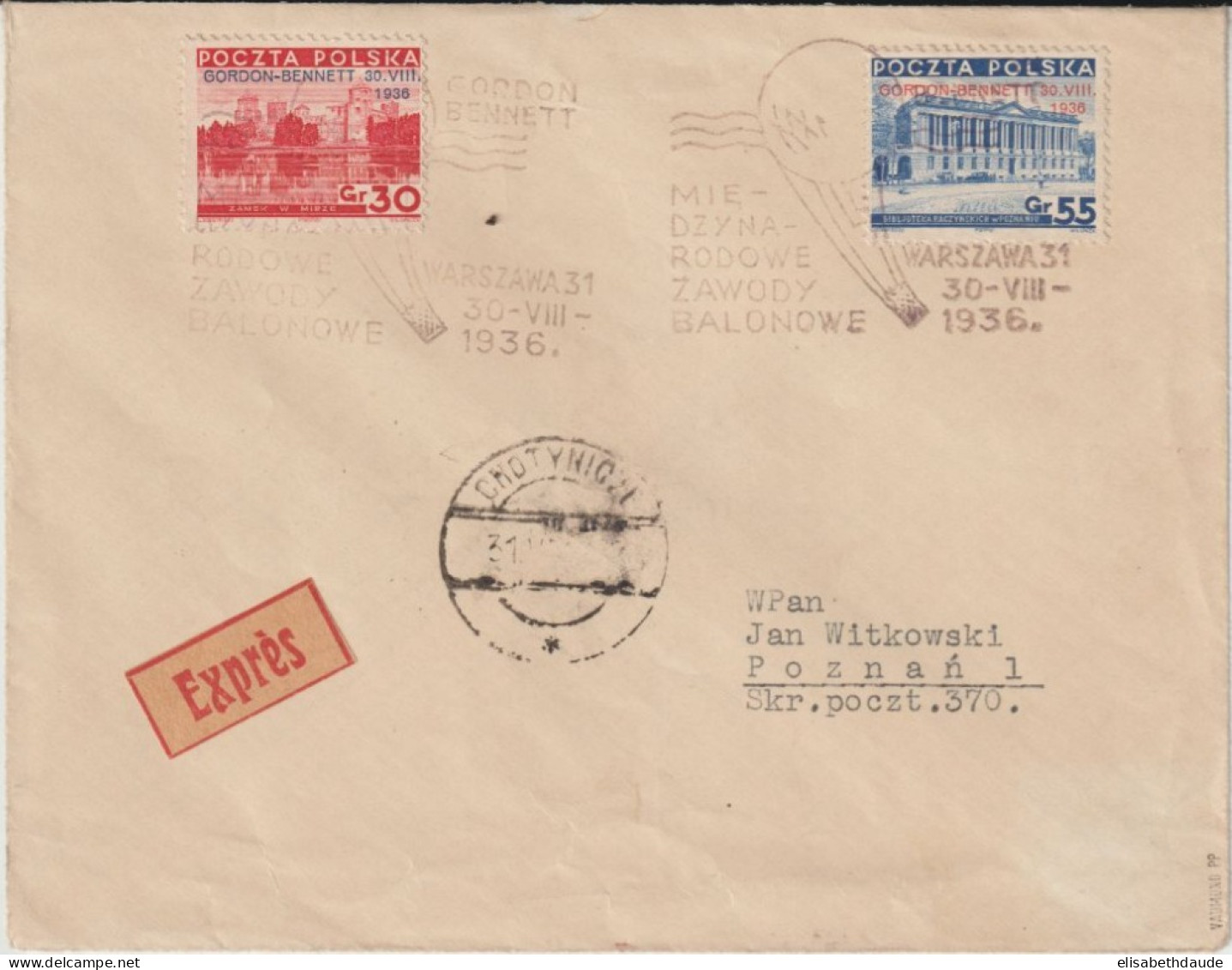 POLOGNE - 1936 - ENV. EXPRES ! Par BALLON ! GORDON BENETT De VARSOVIE => POSEN - Covers & Documents