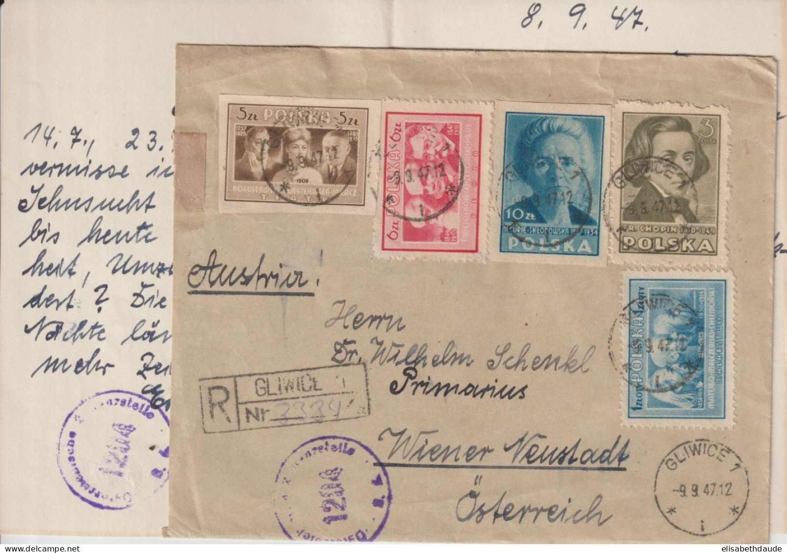 POLOGNE - 1947 - ENVELOPPE RECOMMANDEE CENSUREE De GLIWICE => WIENER NEUSTADT (AUTRICHE) - Cartas & Documentos