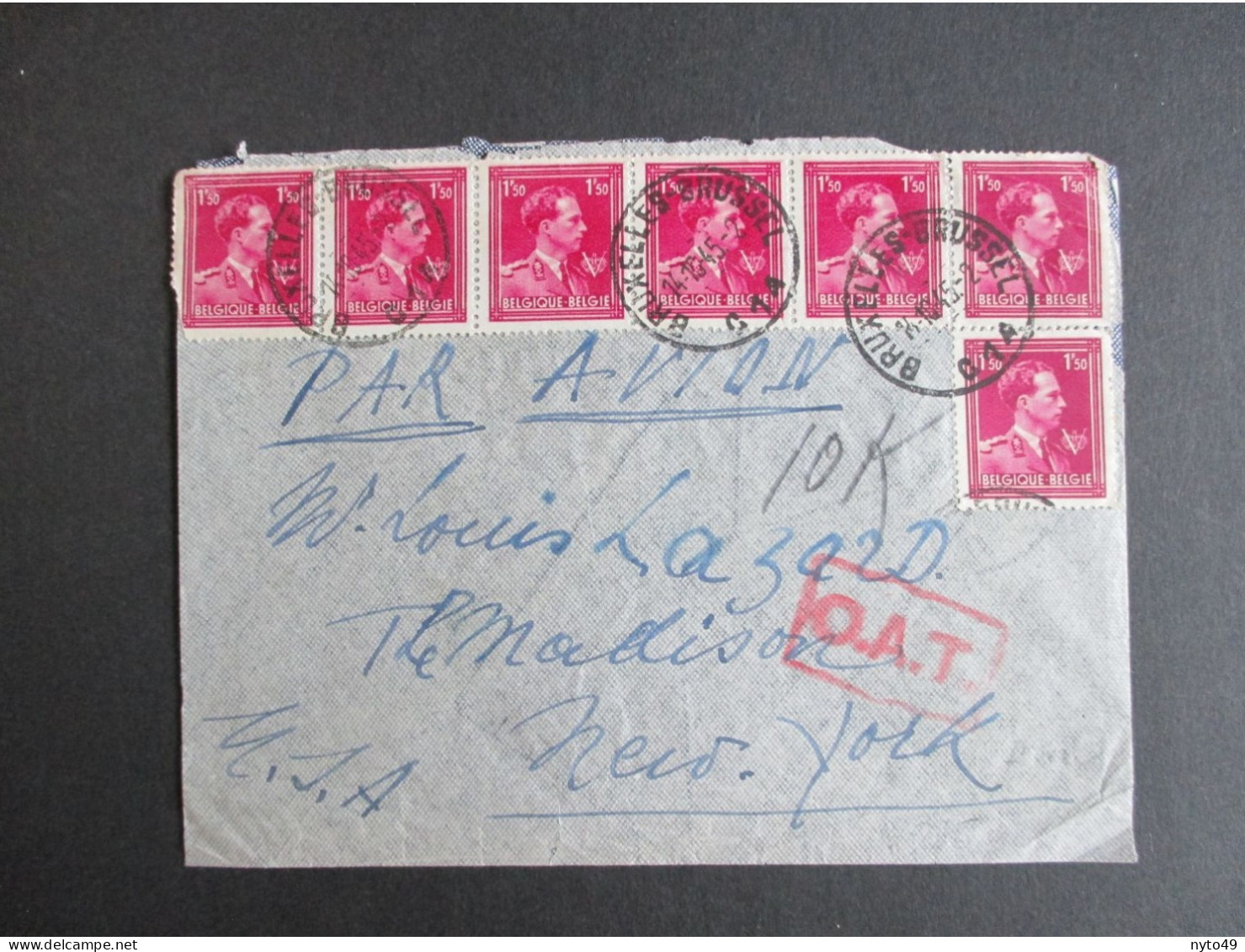 Leopold III Met V & Kroon - Nr 691 (7 Stuks) Op Luchtpostbrief Naar New York - Stempel "O.A.T.". - 1936-1957 Collo Aperto