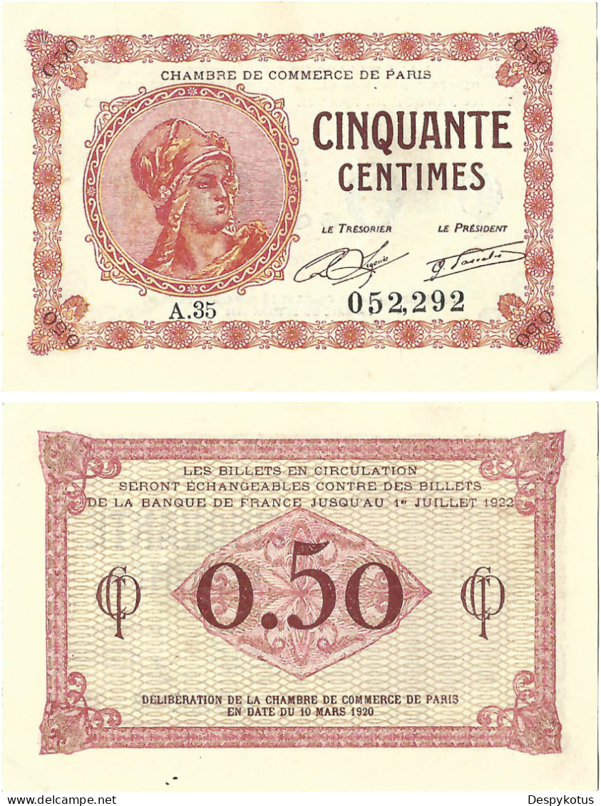 France - BILLET - Chambre De Commerce De PARIS - 50 Centimes - 1920 - NEUF - JP.069.10 - 15-255 - Bons & Nécessité