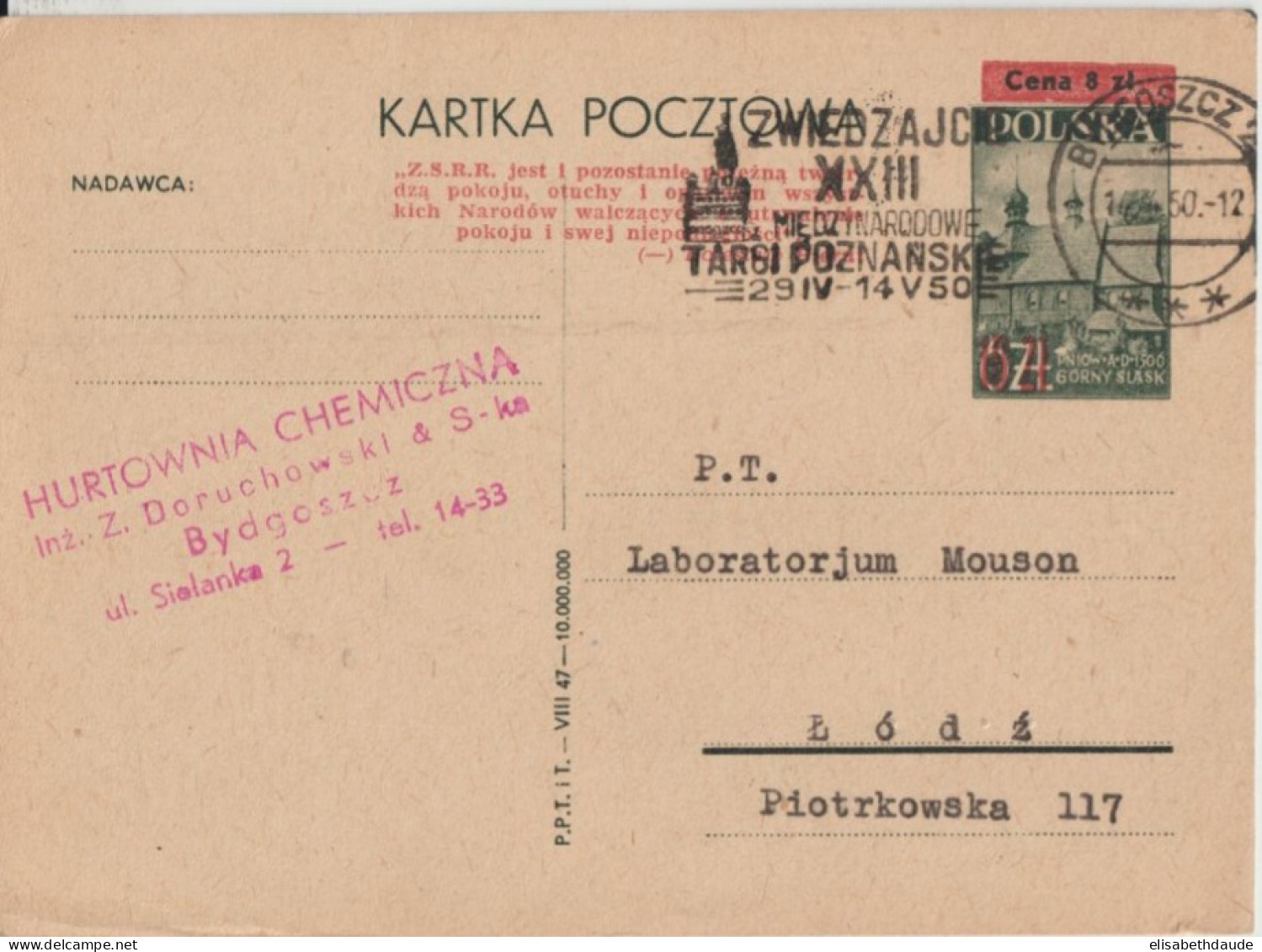 POLOGNE - 1950 - CP ENTIER SURCHARGEE De BYDGOSZCZ => LODZ - Entiers Postaux