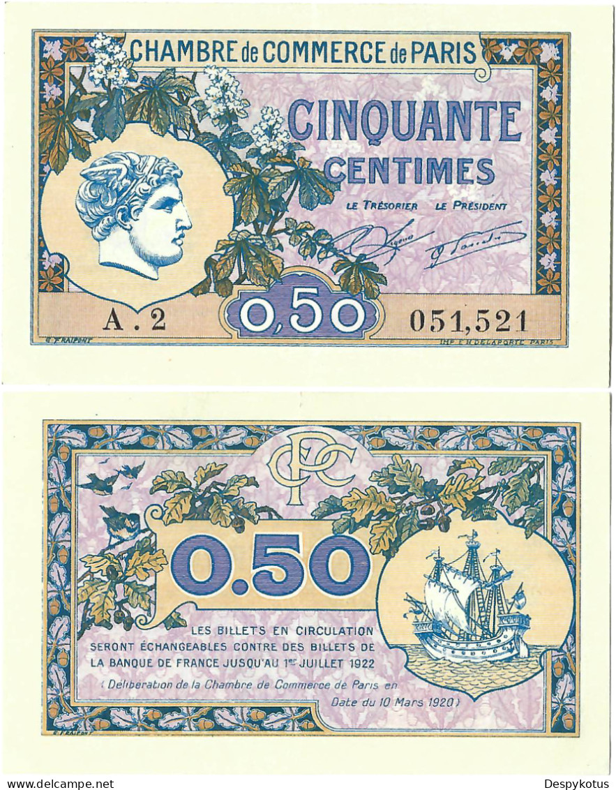 France - BILLET - Chambre De Commerce De PARIS - 50 Centimes - 1920 - NEUF - JP.097.31 - 15-257 - Bons & Nécessité