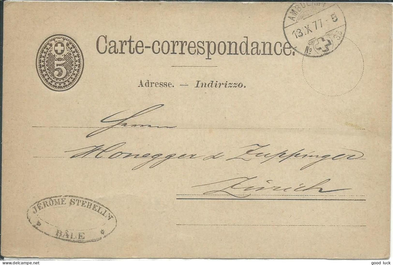 SUISSE CARTE 5c BALE POUR ZURICH DE 1877  LETTRE COVER - Railway