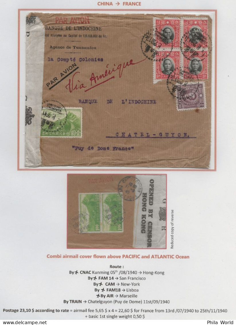 CHINA WW2 1940 Combi Air Mail Cover > FRANCE Flown Above Pacific & Atlantic Ocean CNAC Airline KUNMING HONG KONG Censor - Avions