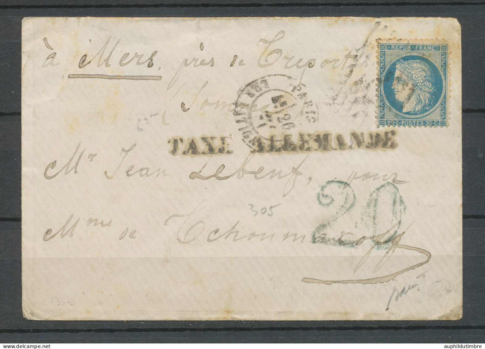 Mars 1871 Env. N°37 20c Bleu + Taxe 20c Bleu + TAXE ALLEMANDE N3573 - Cartas & Documentos