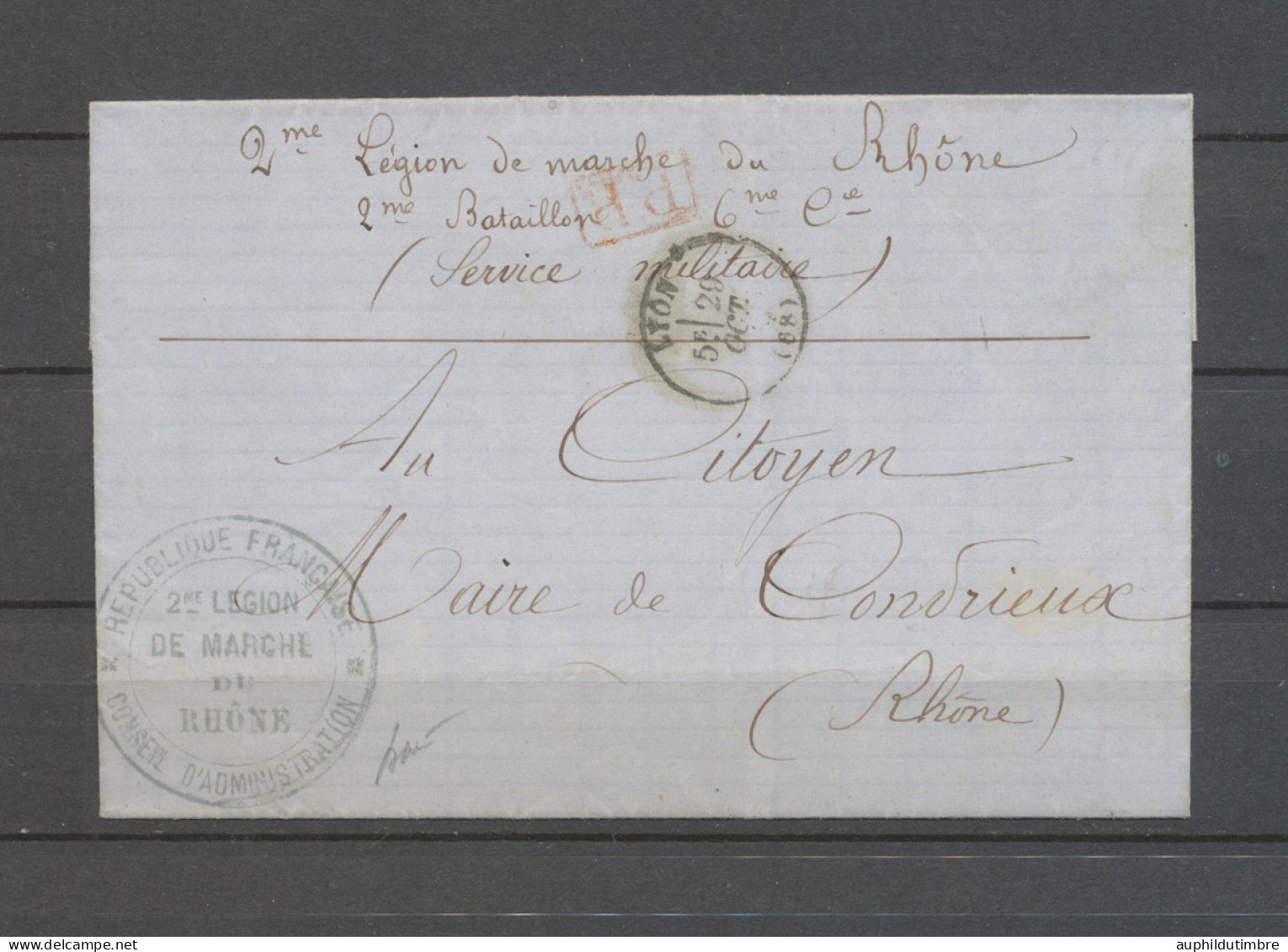 Oct 1870 LSC 2ME LEGION/DE MARCHE/DU/RHONE , G Cachet Bleu + PP Rouge N3587 - Army Postmarks (before 1900)